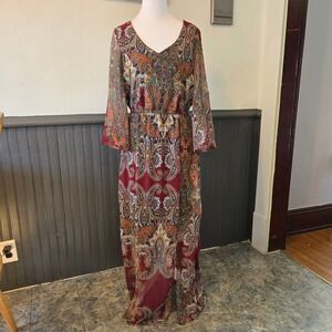 Signature Collection Paisley Boho Maxi Dress Small Burgundy Bell Sleeve